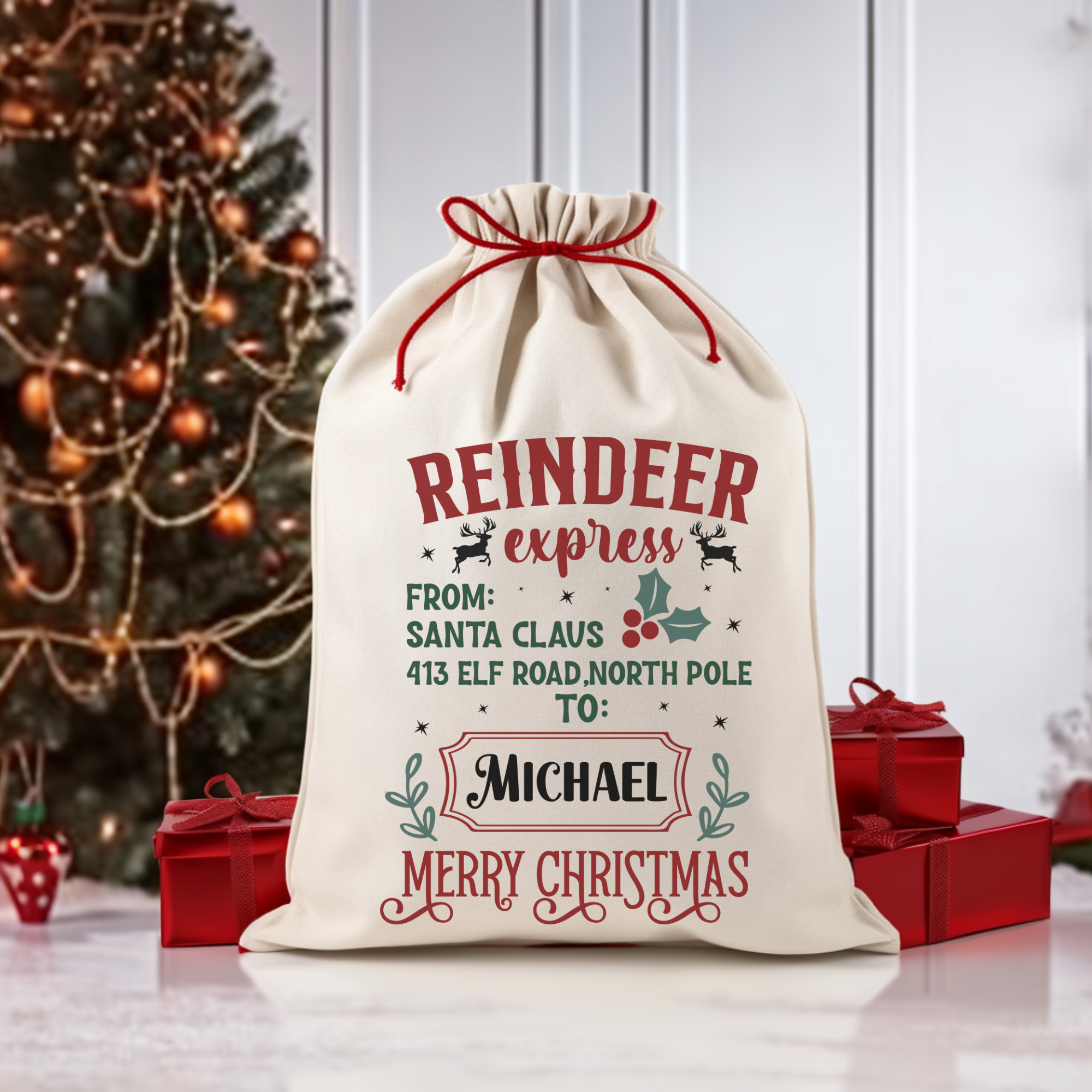 Reindeer Express Santa Bag Printify