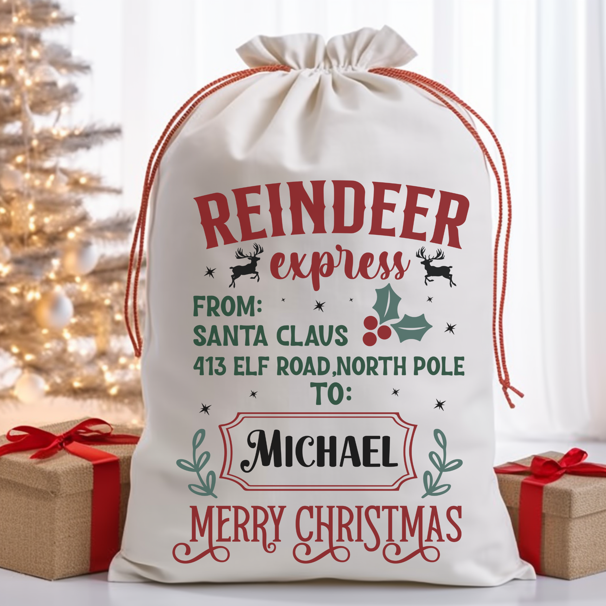 Reindeer Express Santa Bag Printify